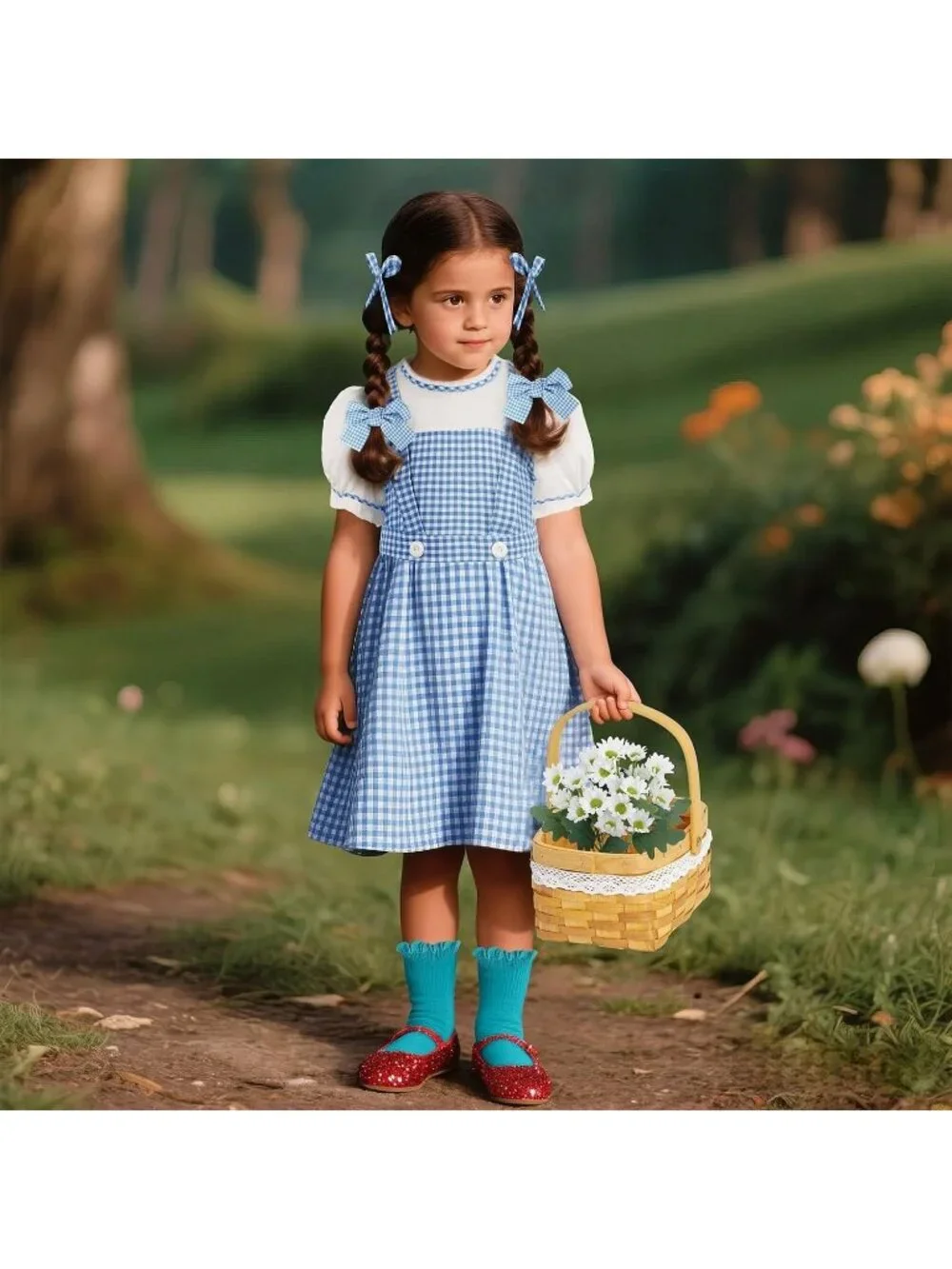 Girls（10-12 Years) Oz Blue Plaid Dress Set Halloween Costume Kids Cosplay